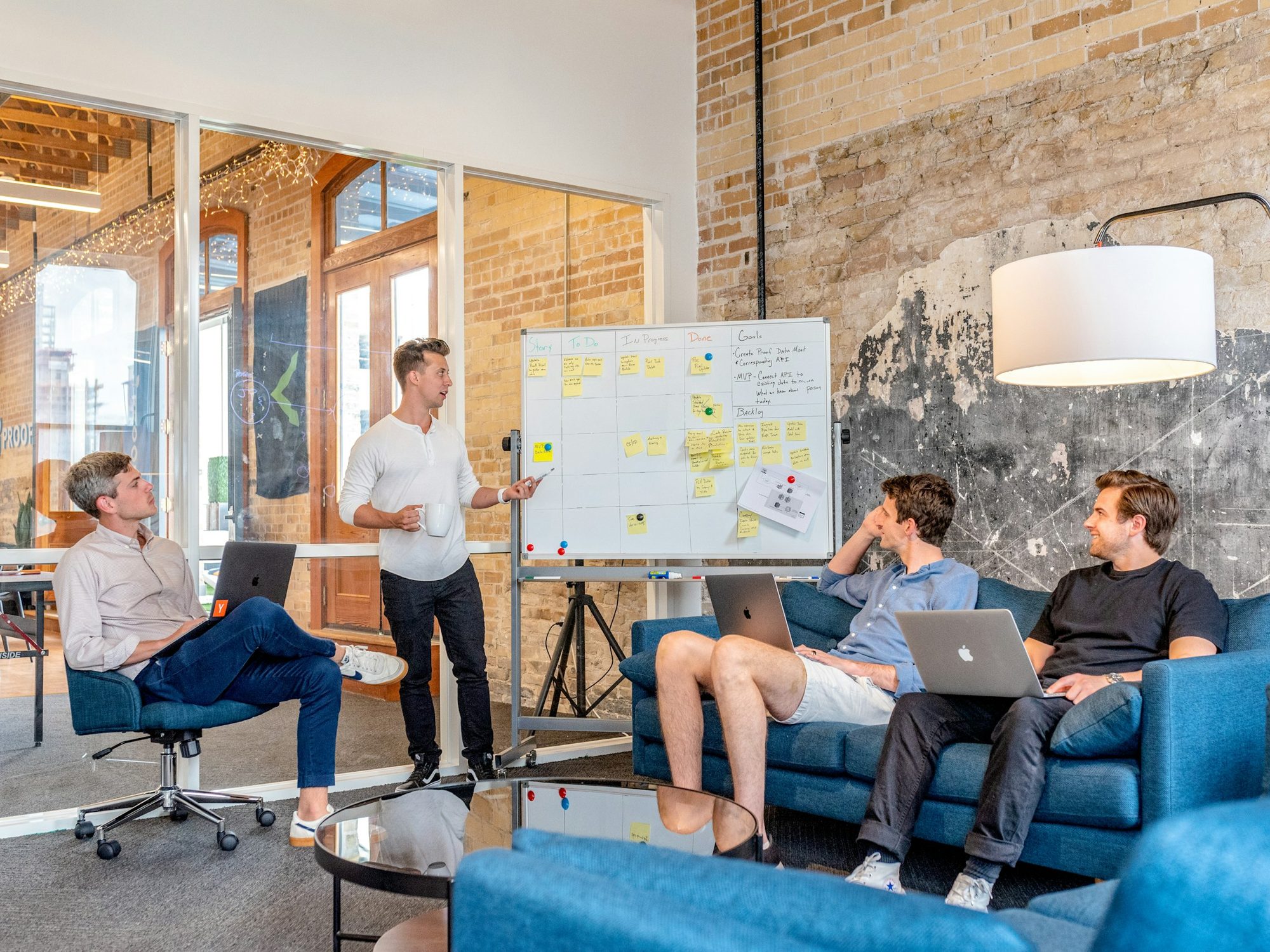 Team planning a project around a whiteboard